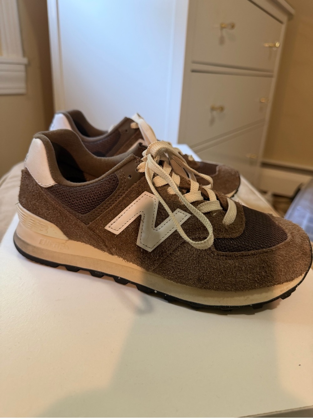 New Balance Brown and Cream Suede Mesh Sneaker